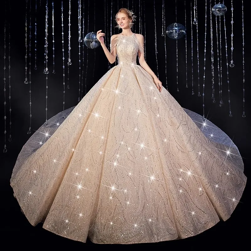 Bridal Master Wedding Dress Retro Hanging Neck Tassel Starry Sky Heavy Industry Luxury French Banquet Dress Female  Customized