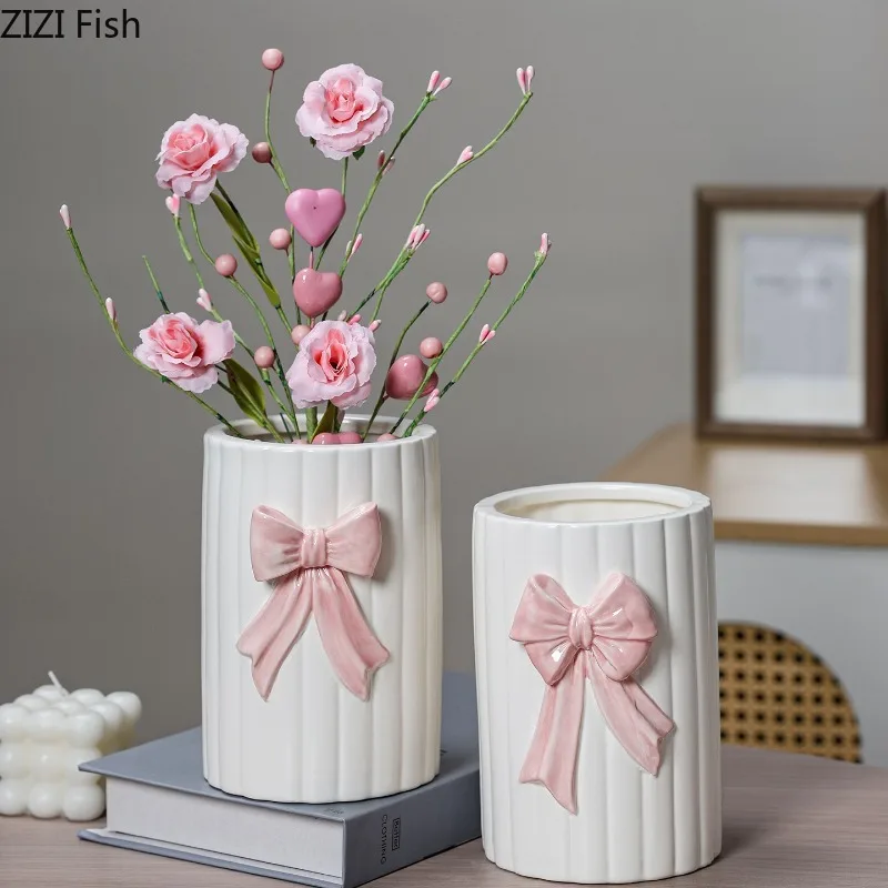 Butterfly Bow Ribbon Ceramic Vase Handmade Hydroponic Vase Flower Vessel Flowers Arrangement Ornament Dried Flower Vases Crafts