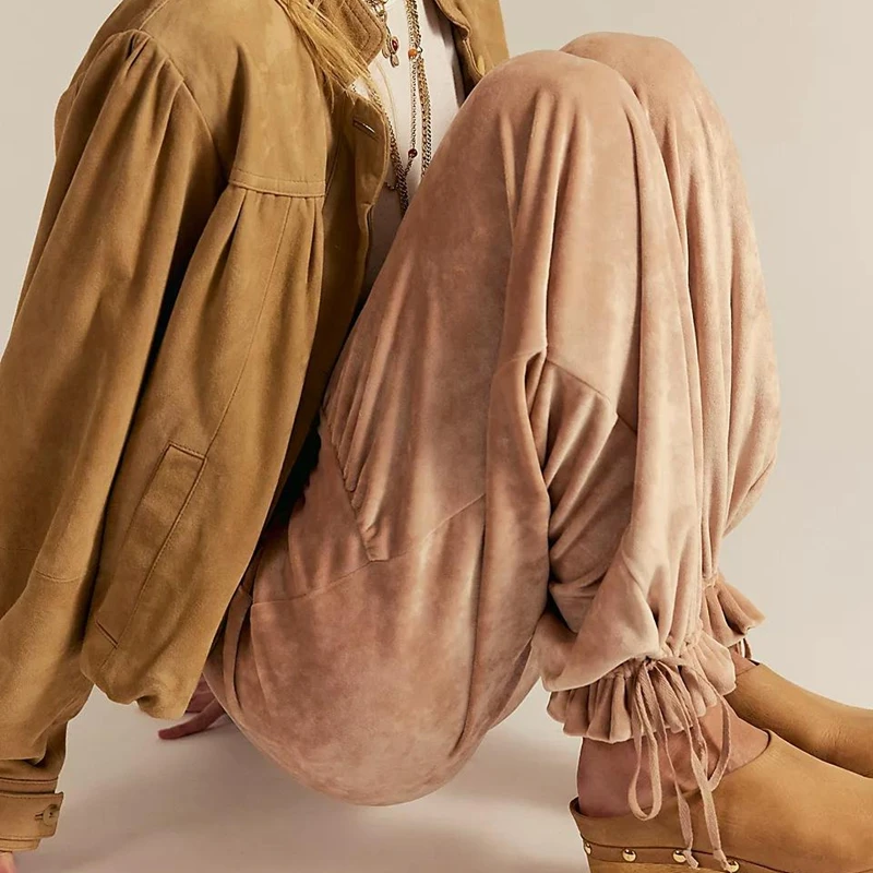 سروال نسائي طويل برباط مرن من Combhasaki بخصر منخفض مع جيوب Y2k سروال مخملي عتيق #3