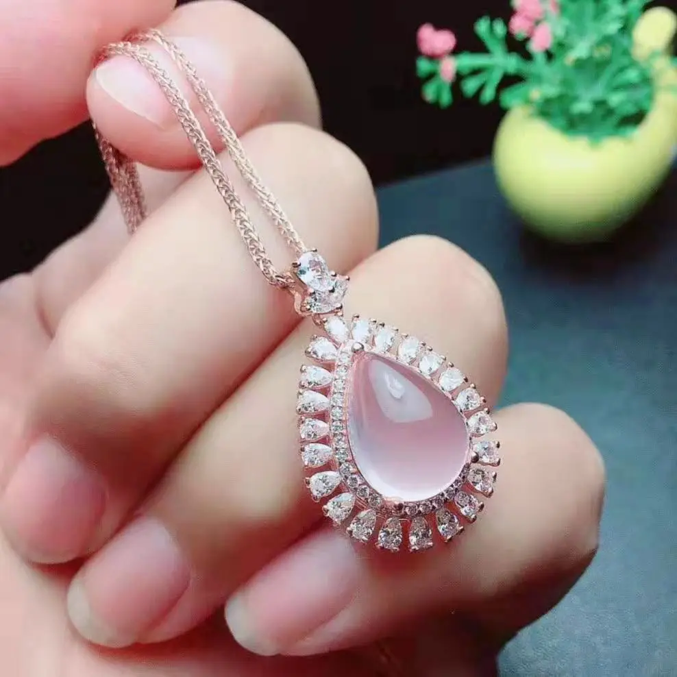 FS Natural Rose Quartz 925 Sterling Silver Earring Ring Pendant Necklace Set Charm Weddings Fine Jewelry for Women MeiBaPJ