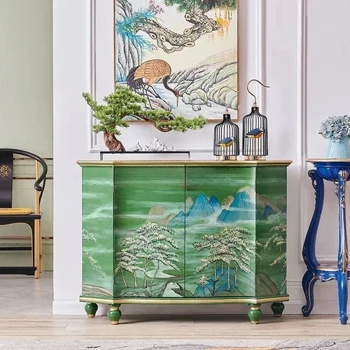 

Green Painted Landscape Entrance Decoration Hall Cabinet New Chinese Style Living Room Sideboard Cabinet