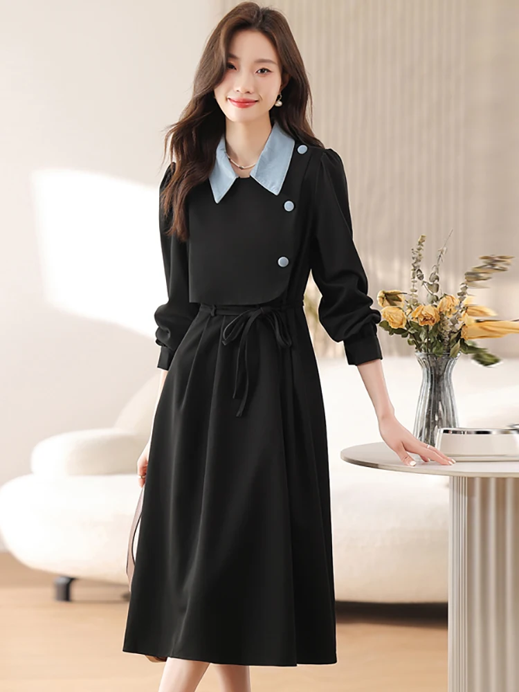 Vrouwen Koreaanse Vintage Bodycon Nep Tweedelige Jurk Zomer Zwart Patchwork Blauwe Polo Kraag Midi Jurk 2025, Elegante Luxe Jurken