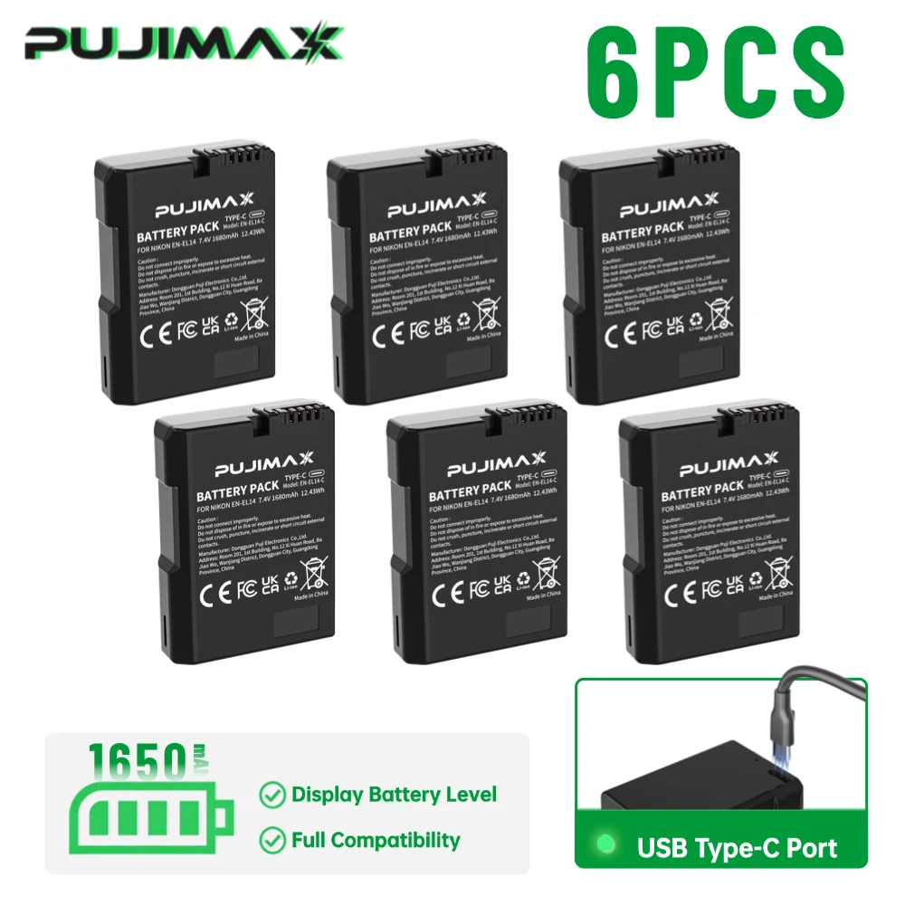 PUJIMAX 6PCS 1650mAh EN-EL14 EN-EL14a Battery for Nikon Df D5500 D5600 D3400 D3500 D5100 D5200 D5300 D3100 D3200 D3300 Camera