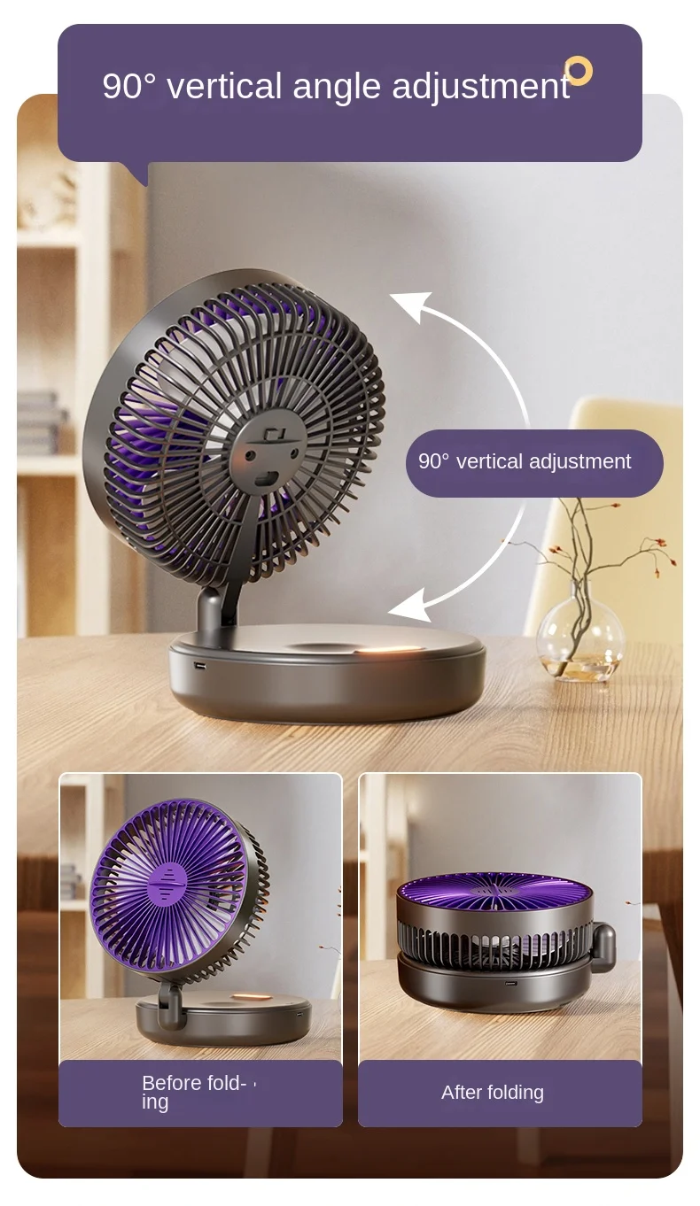 5000 mAh faltbarer, im Dunkeln leuchtender Ventilator zur Wandmontage, tragbarer, leiser Hochgeschwindigkeits-Luftzirkulationsventilator für Studenten, Büro-Schreibtischventilator – Detail 13
