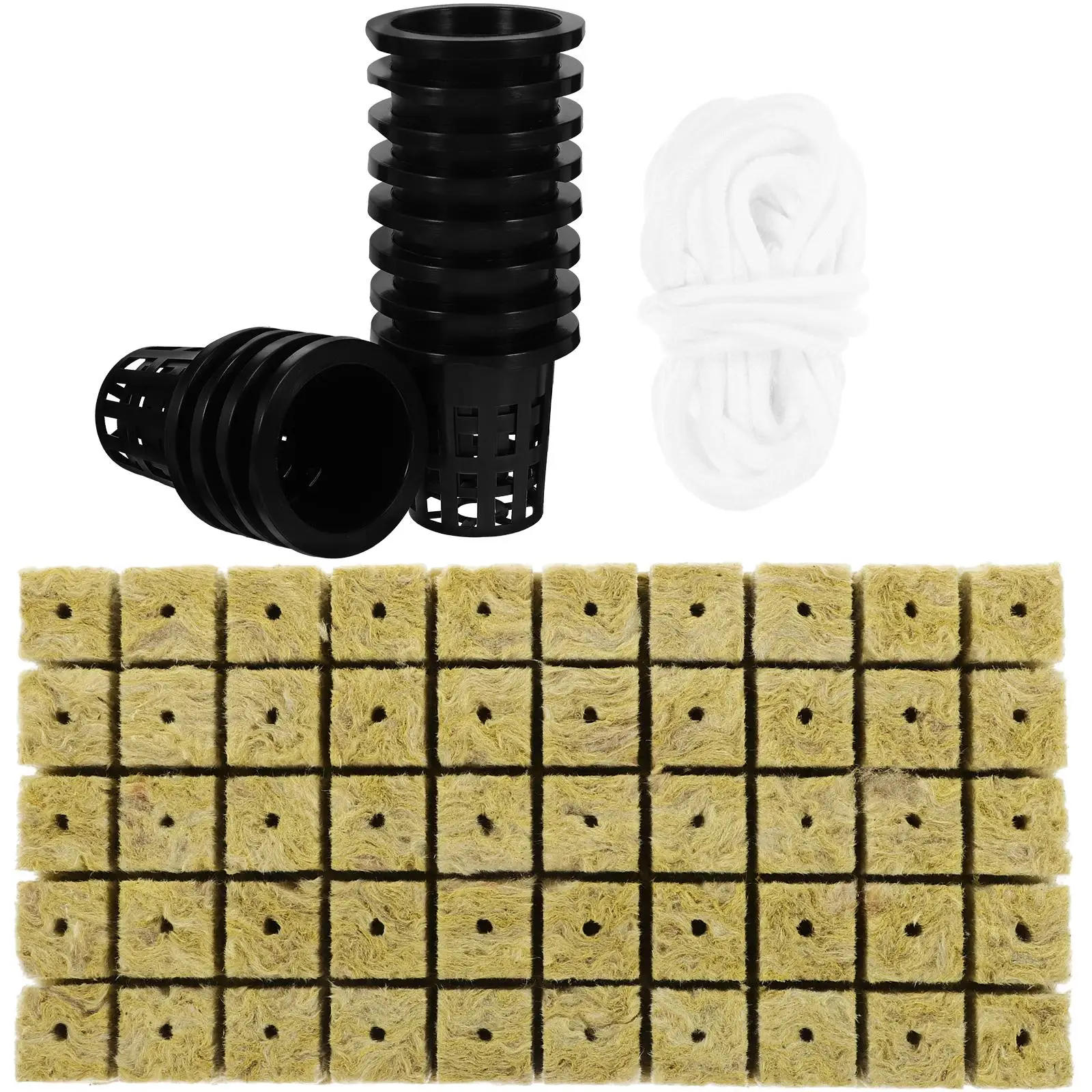 

1 set Self Watering Planter Basket Hydroponic Growing Kit Mineral Wool Cubes 25x25x40mm Cotton Rope Planting System