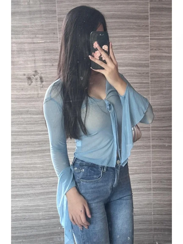 Retro Long Sleeve T-Shirt Women's Slim Fit Bell Sleeve Inner Wear Outer Wear Waist Cinching Slimming Top French Style Pure Color