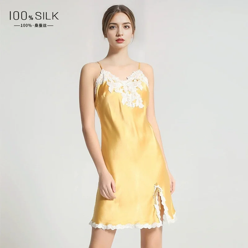 2025 Summer New Style Women's Silk Nightdress - High-end 100% Mulberry Silk, Slit Backless Sexy Style Camisole Short Dress