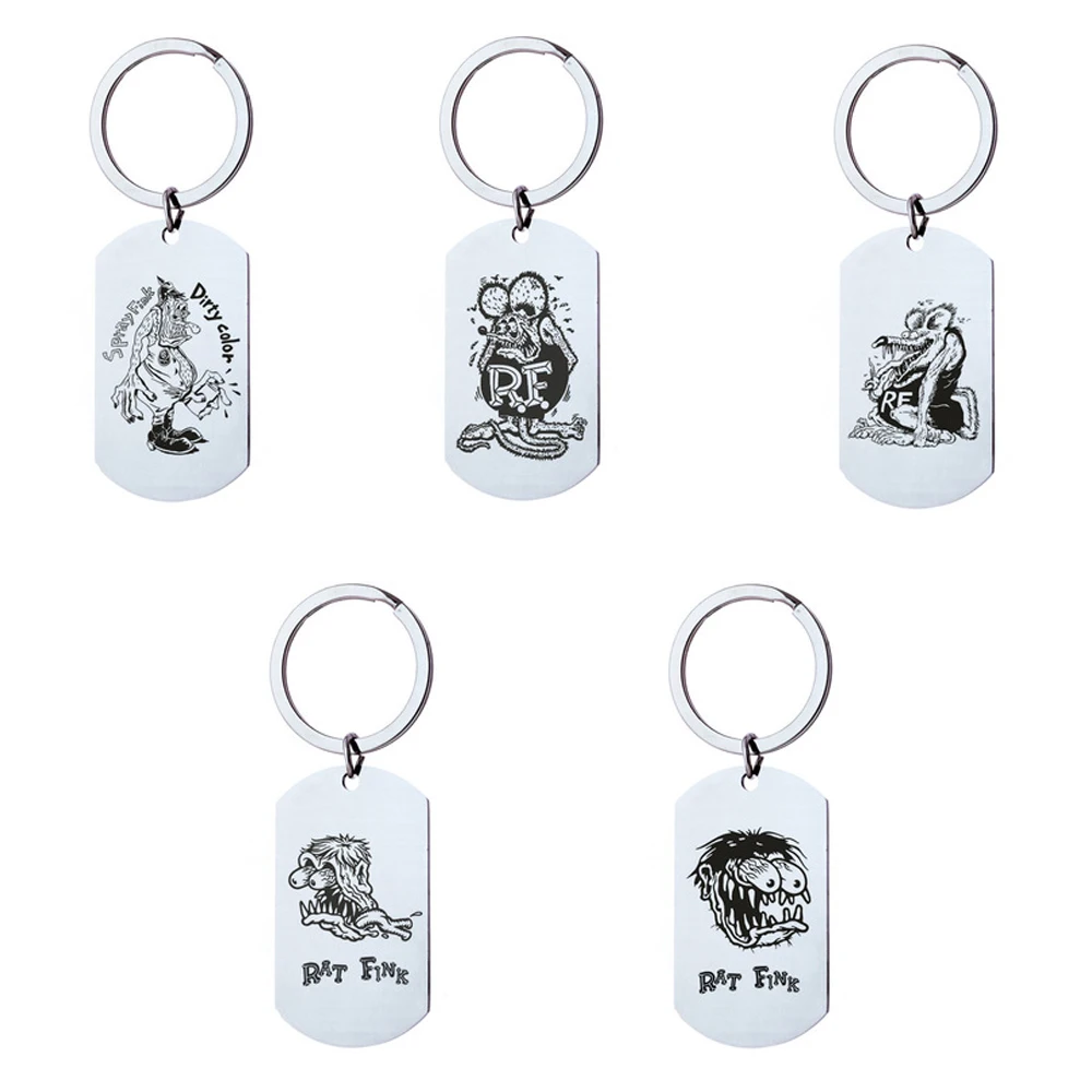 New Foreign Trade Rat Fink Legend Keychain Necklace RAT FINK Stainless Steel Military Key Ring Pendant