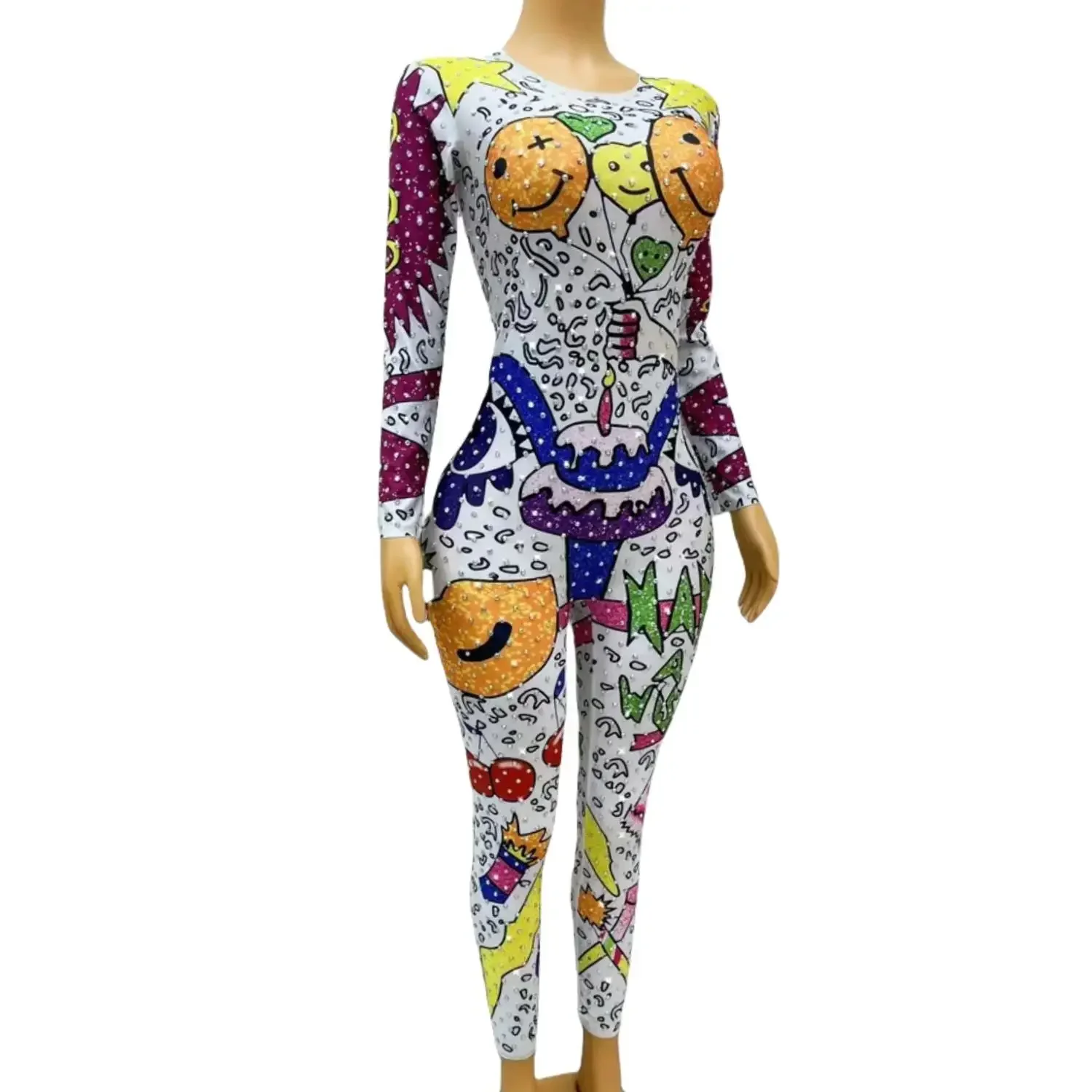 Блестящие красочные воздушные шары с героями мультфильмов, эластичные купальники, сексуальный танцевальный сценический комбинезон для дня рождения, блестящие стразы, боди для выступлений