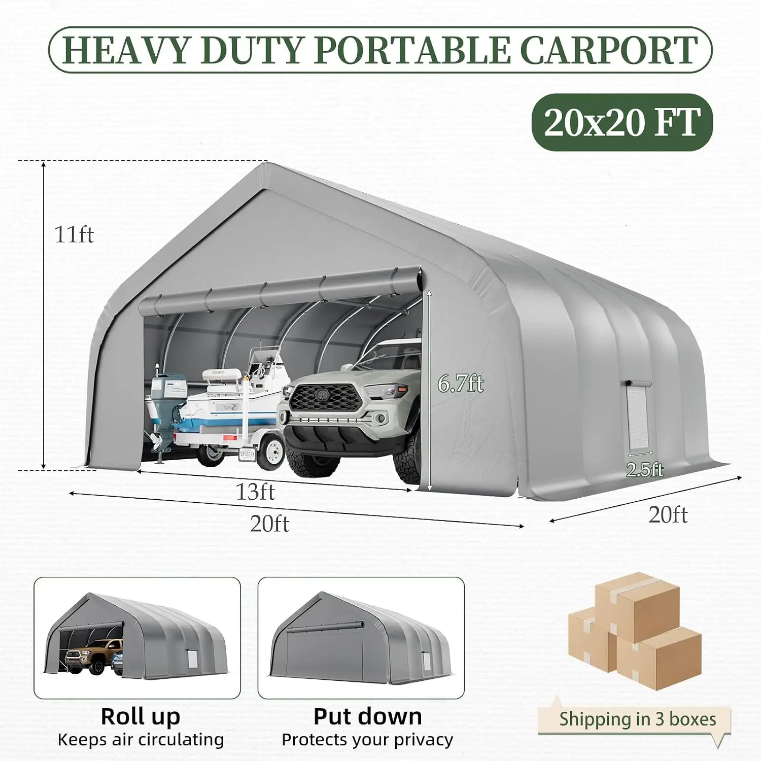 20x20 FT Carport Portable Shelter Galvanized Steel Frame Waterproof PE Cover Roll-Up Doors Windows Cars Trucks, Customized