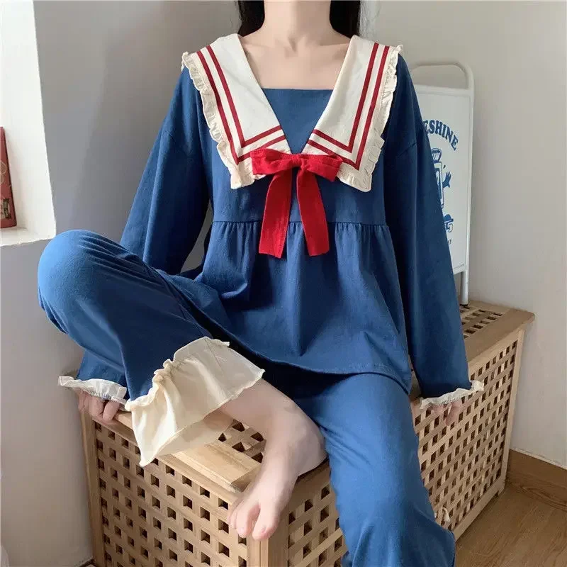 Pajamas Loungewear Women\'s Spring and Autumn Long Sleeve Navy Collar Blue Cute Sweet School Clothes Autumn Winter Loungewear