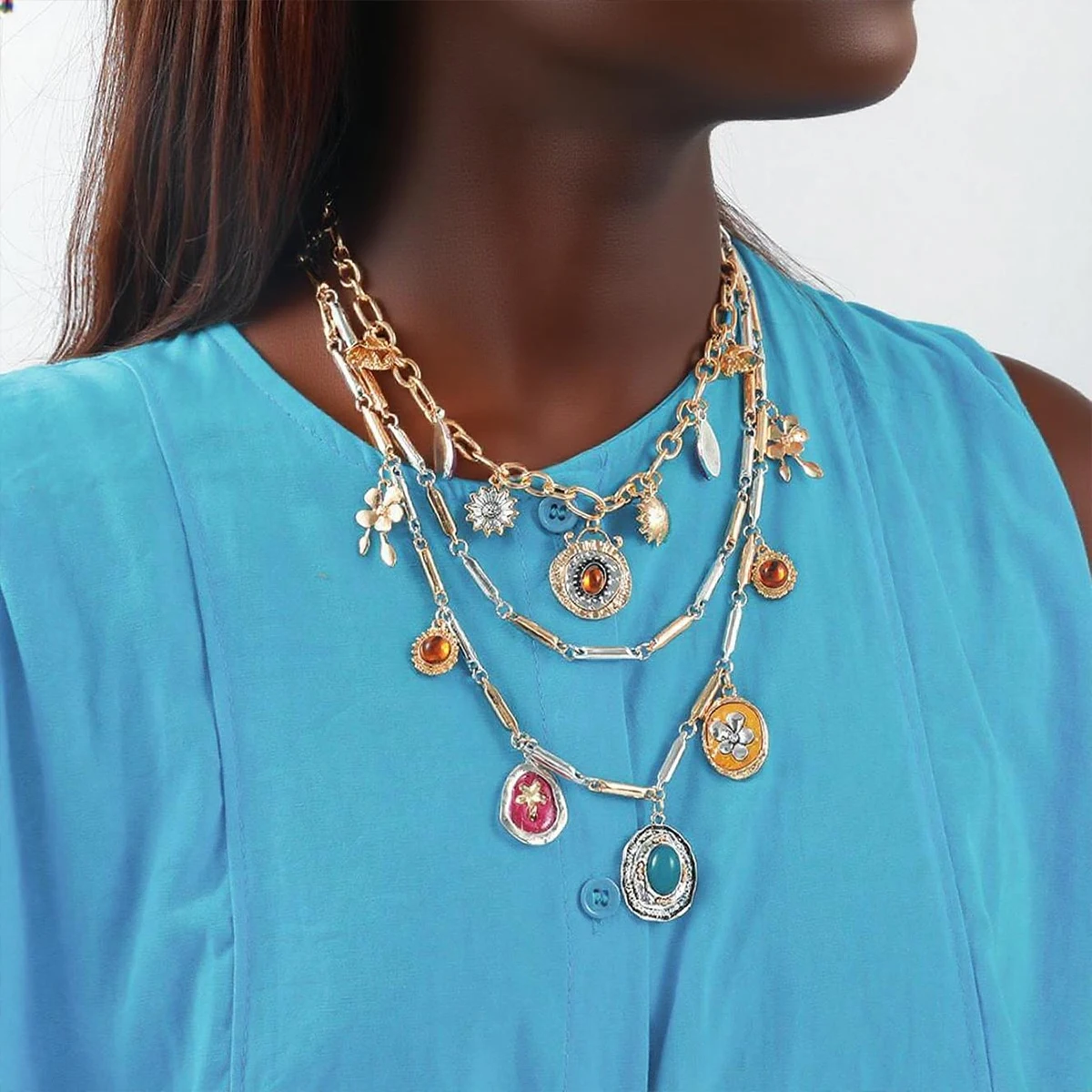 

ZAA Vintage Personality Floral Water Drop Shape Charm Necklace for Women Multi-layer Neck Jewelry 3Pcs/set Necklaces Gifts