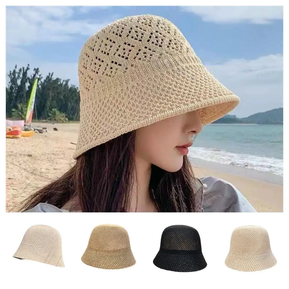 

Versatile Knitted Fisherman Hat Breathable Sun Shading Bowl Hat Hollow Sunshade Beach Cap Men