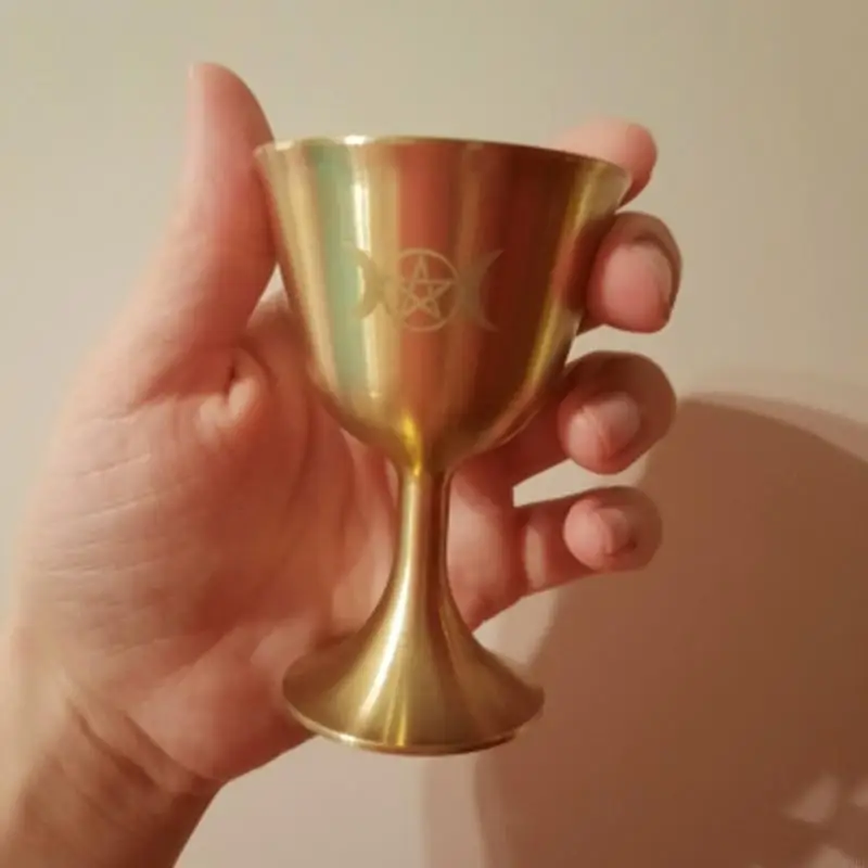 H7BF Ritual Cup Altar Goblet Wicca Gold Plating Brass Ceremony Moon Divination Prop