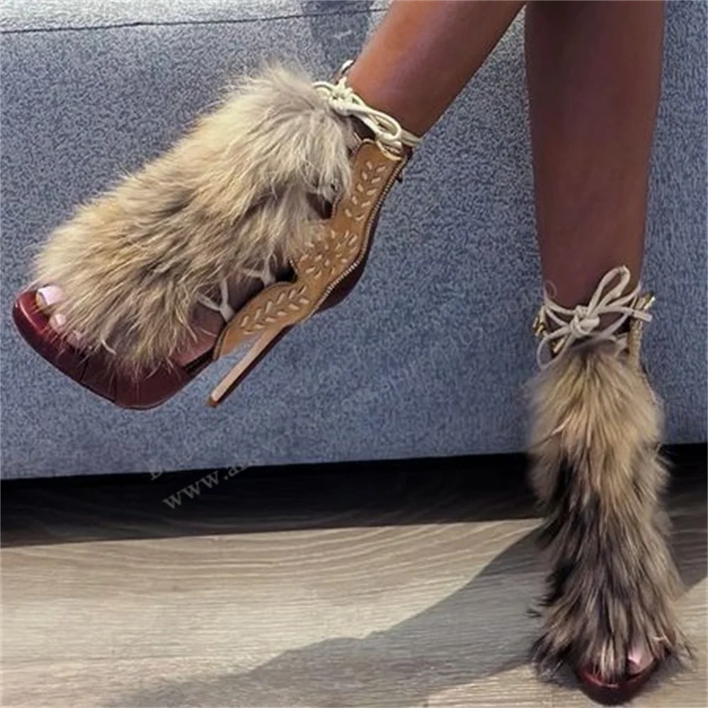 Brown Faux Fur Stripe Decor High Heel Sandals Women Sexy Open Toe Stiletto Heel Vintage Furry Lace Up Party Dress Shoes view 3