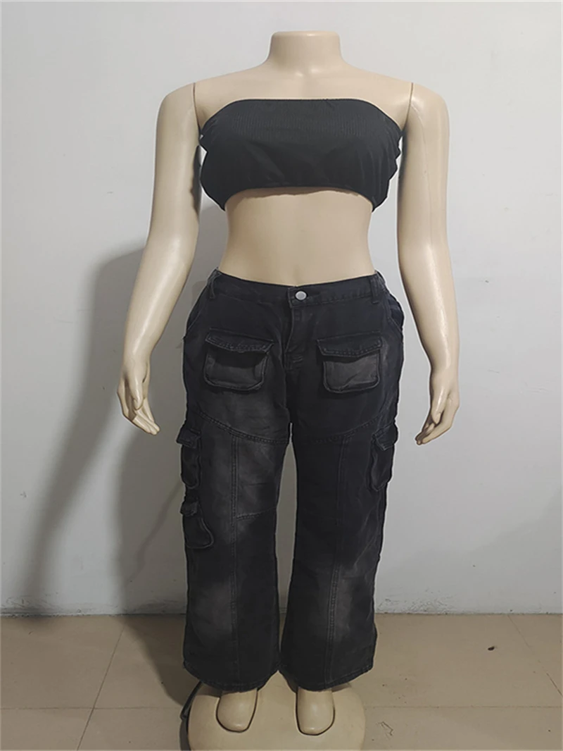 스트릿웨어 데님 카고 팬츠 가을 여성 하이웨이스트 멀티 포켓 스트레이트 진 카우보이 캐주얼 청바지 데님 팬츠