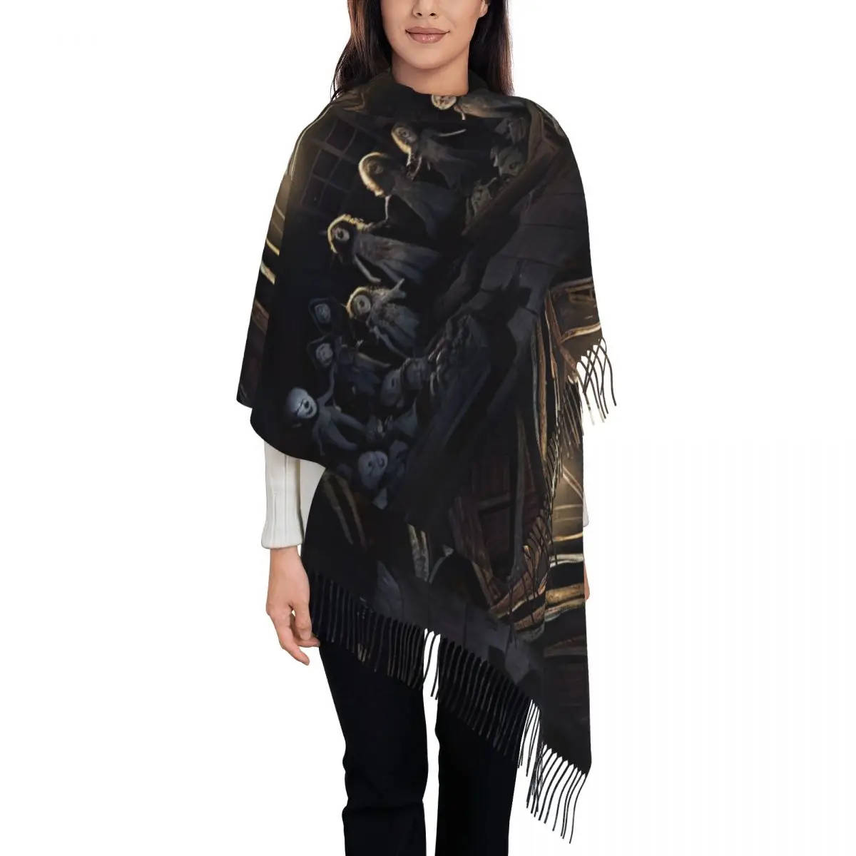 

Haunted Attic With Possessed Creepy Dolls Scarf Tassel Scarves Women Soft Warm Shawls and Wraps Large Fall Winter Shawl Wrap