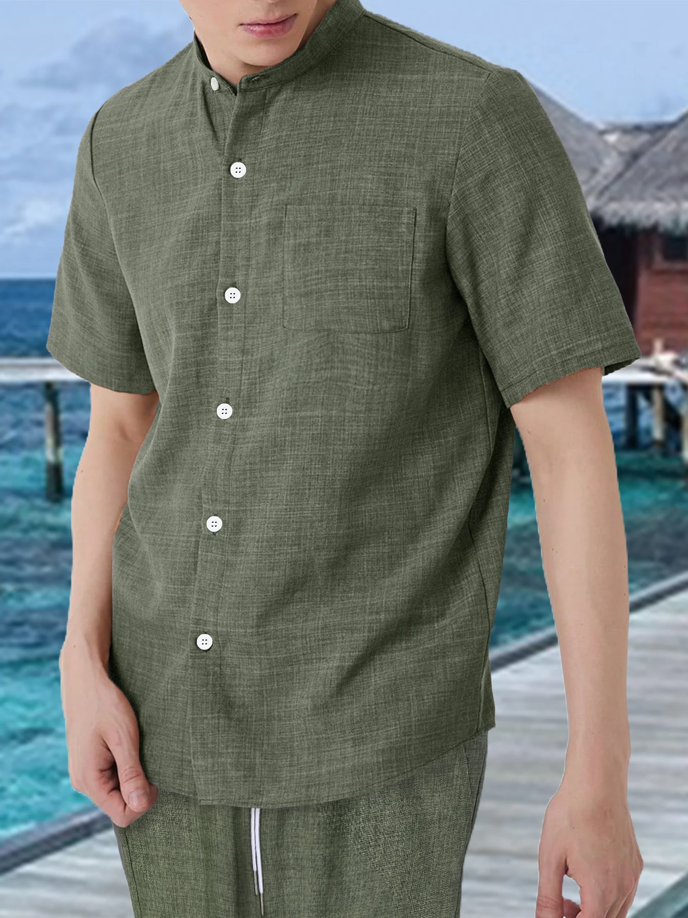

Men's 2 Piece Green Linen Textured Set, Stand Collar Short Sleeve Shirt & Drawstring Shorts Summer Casual Outfit