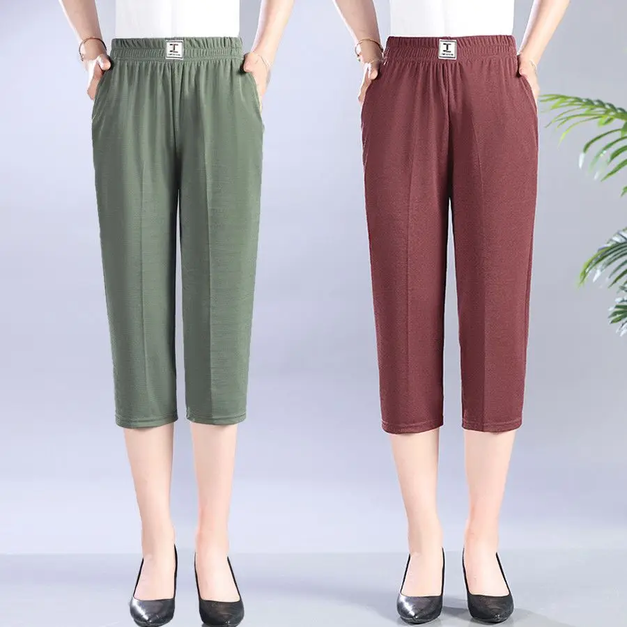 Summer Women Clothes Solid Casual Capris Pants Elastic Waist Pockets Fashion Versatile Korean Female Clothing Thin Slim Trousers