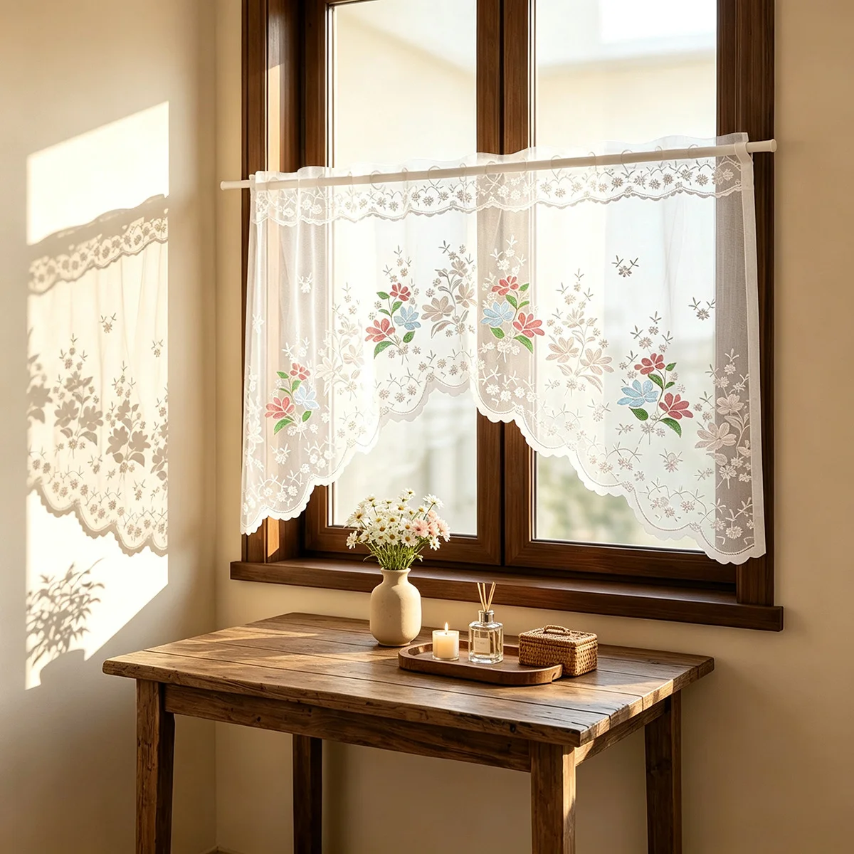 1PC Romantic French Country White Rose Embroidered Lace Curtain, Wavy Edge Sheer, Light Filtering & Privacy. No Drill, Short