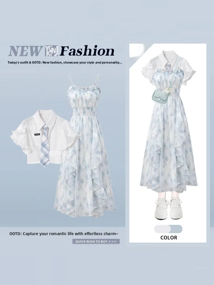 

Летний комплект из двух предметов: платье с цветочным принтом и топ-халтер, женская рубашка с воротником, короткий рукав, костюм в студенческом стиле, повседневный модный наряд