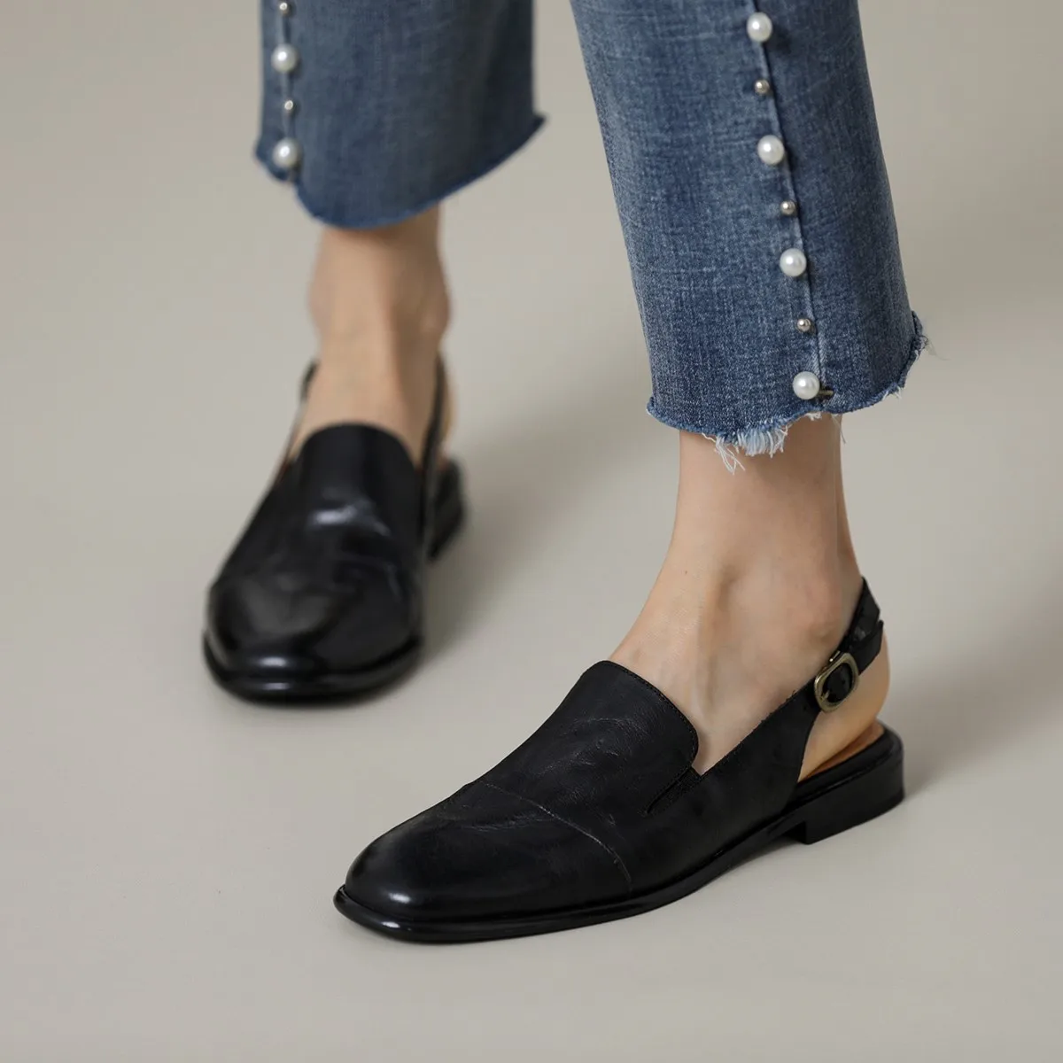 Woman Mules Genuine Leather Cowhide W Summer Shoes Ladies Muller Round Toe Spring Sandals With Buckle Comfort Simple Flats