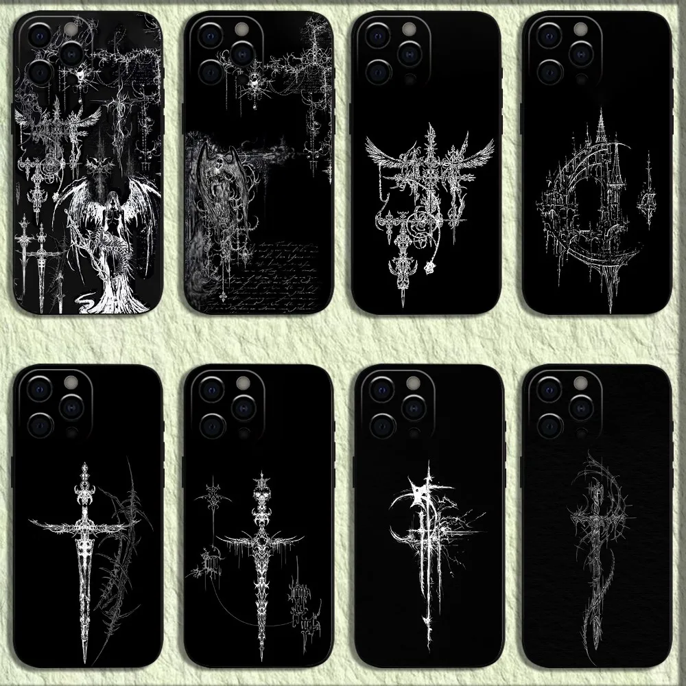 Cyber Sigil Cross line Phone Case For iPhone 16,15,14,13,12,11,Pro,X,XS,Max,XR,Plus,Mini Soft Black Cover