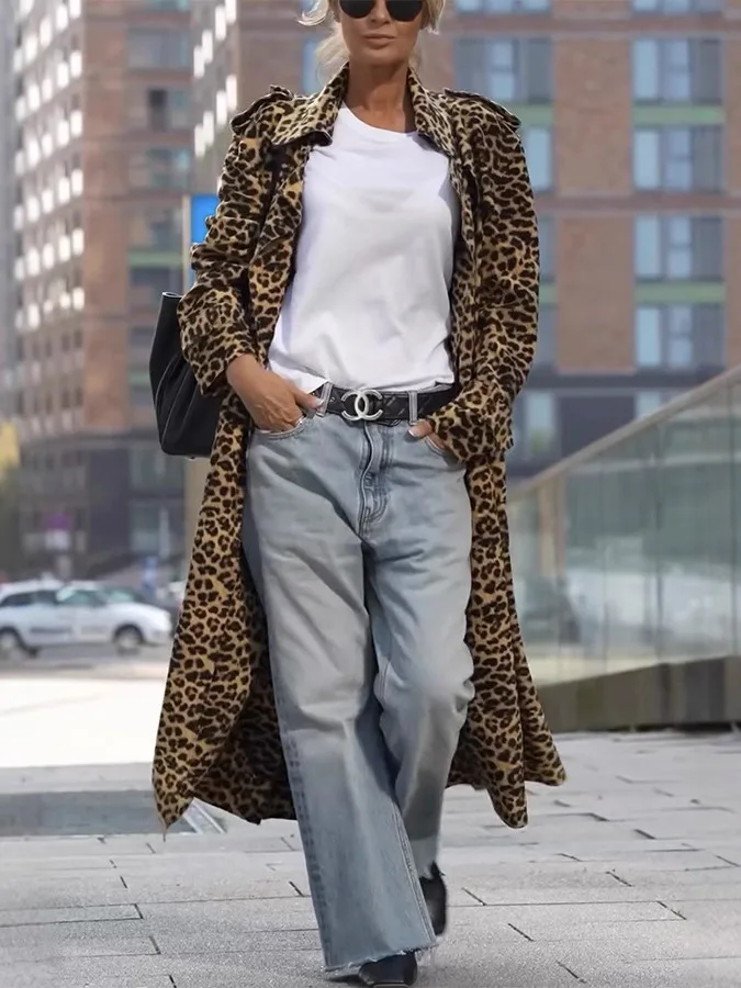 الخريف الشتاء ليوبارد طباعة معطف المرأة فضفاض غير رسمي طويل Sve بدوره إلى أسفل طوق Vintage ملابس خارجية كبيرة الحجم