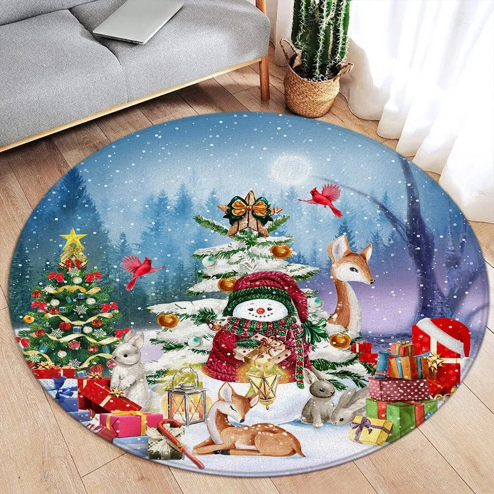 Winter Christmas Theme Round Carpet Cute Snowman, Christmas Tree, Reindeer, Forest, Snowflake Gift Pattern Home Living Room Mat