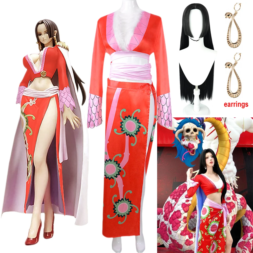 

Anime Boa Hancock Cosplay Costumes Sexy Empire Red Kimono Dress Uniform Pirate Boa Hancock Earrings Cheongsam Costumes for Women