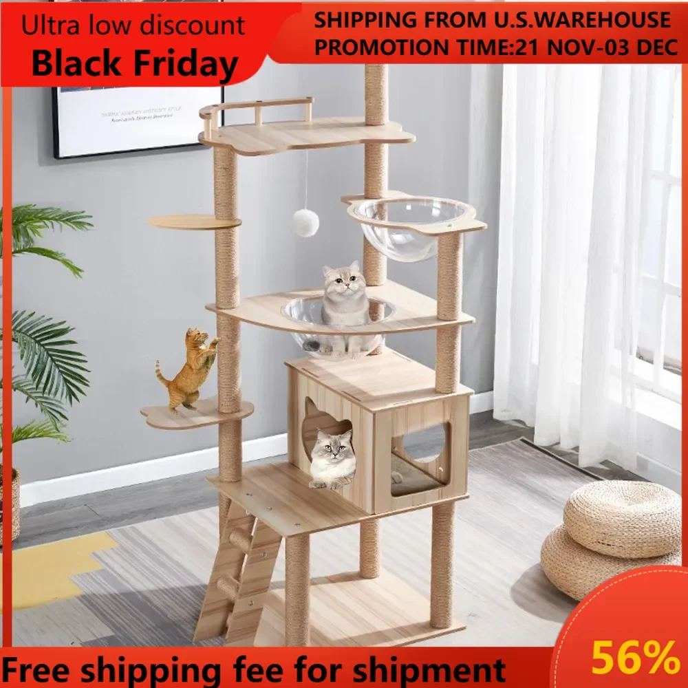 67-Inch Cat Tree for Indoor Cats Large Adult,Cat Tree Tower with Condo, Cat Stairs, 2 Bowl,14 Sisal Scratching Posts, Top Perch,