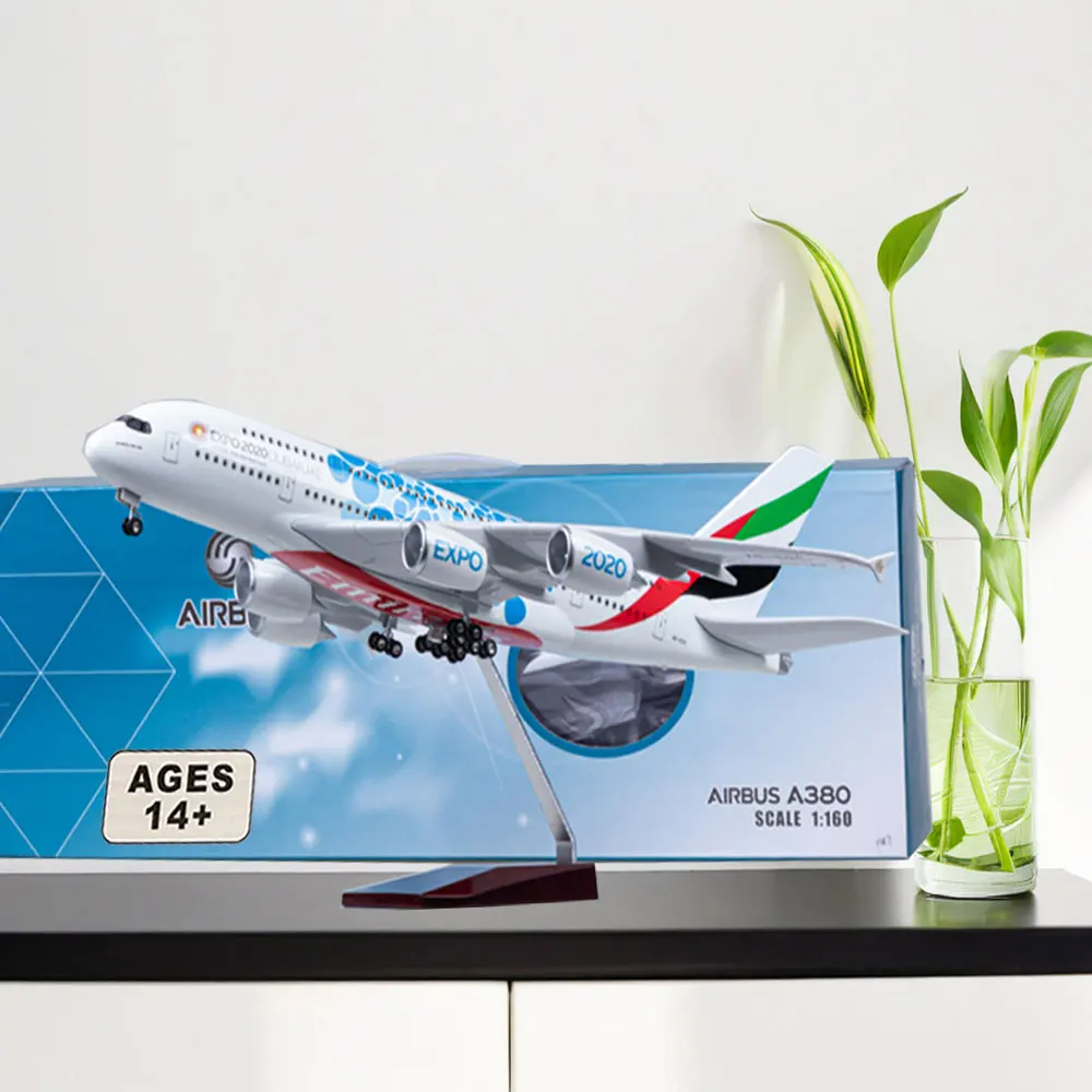 

Model Airplane A380 Emirates Expo Airline 47cm 1/160 Scale Aircraft DieCast Plastic Resin Model Collectible with Light & wheels