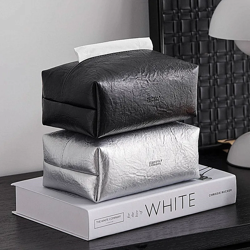 Simple High Grade Tissue Box Household Bedroom Desktop Tissue Storage Creative Black Silver Waxed Leather Cuboid Tissue Holder