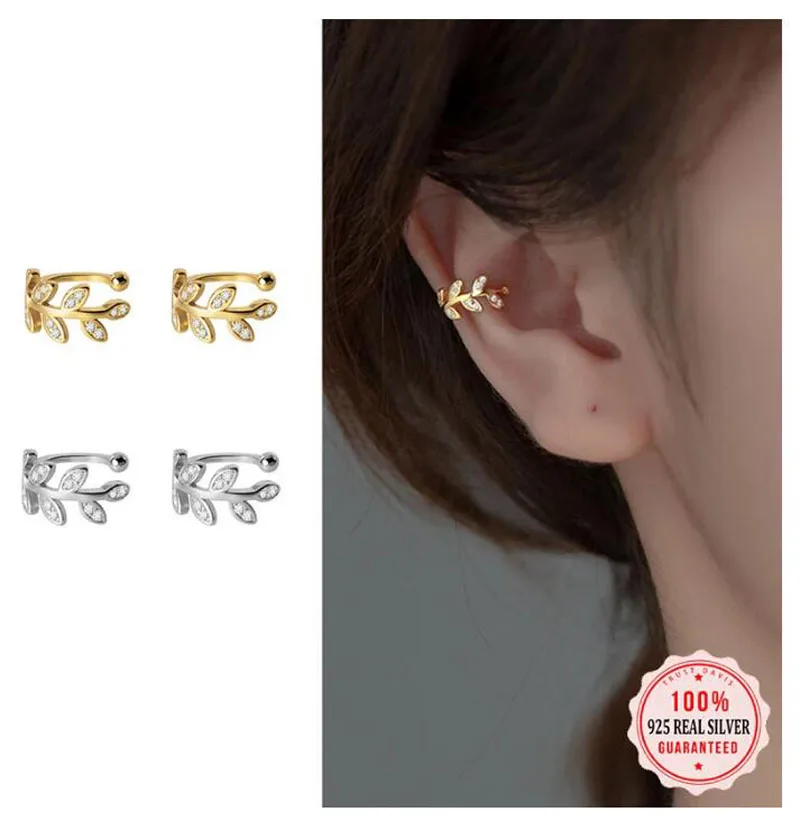 925 Sterling Silver Ear Cuff For Women Zircon Clip On Earrings Gold earcuff Without Piercing leaf Earrings Jewelry