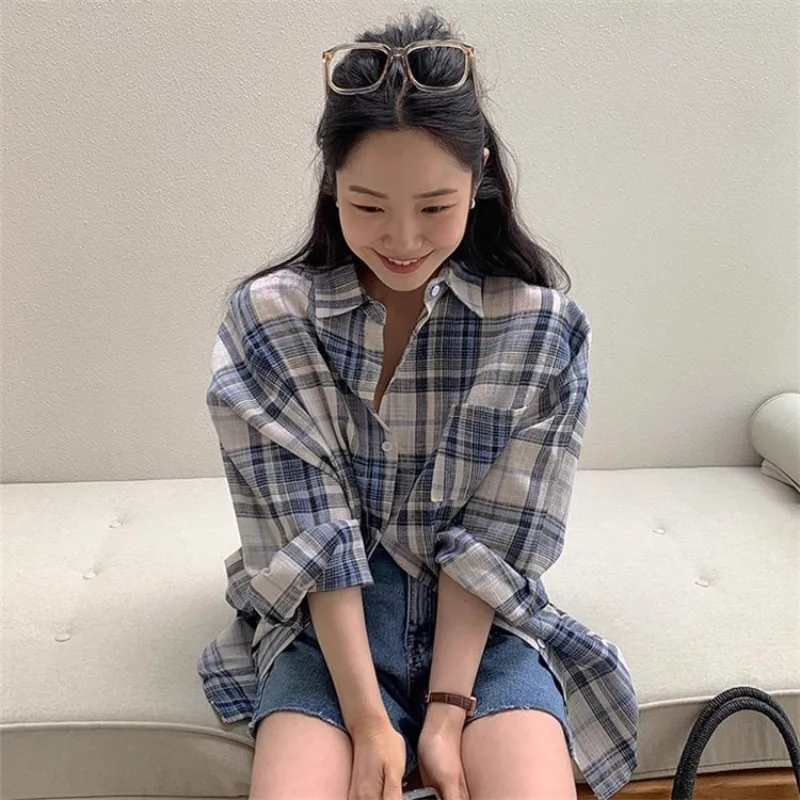 Blue Plaid Loose Women's Shirt Korean Style Sun Protection Outerwear Casual Fashion Design Summer Top Polyester Fiber