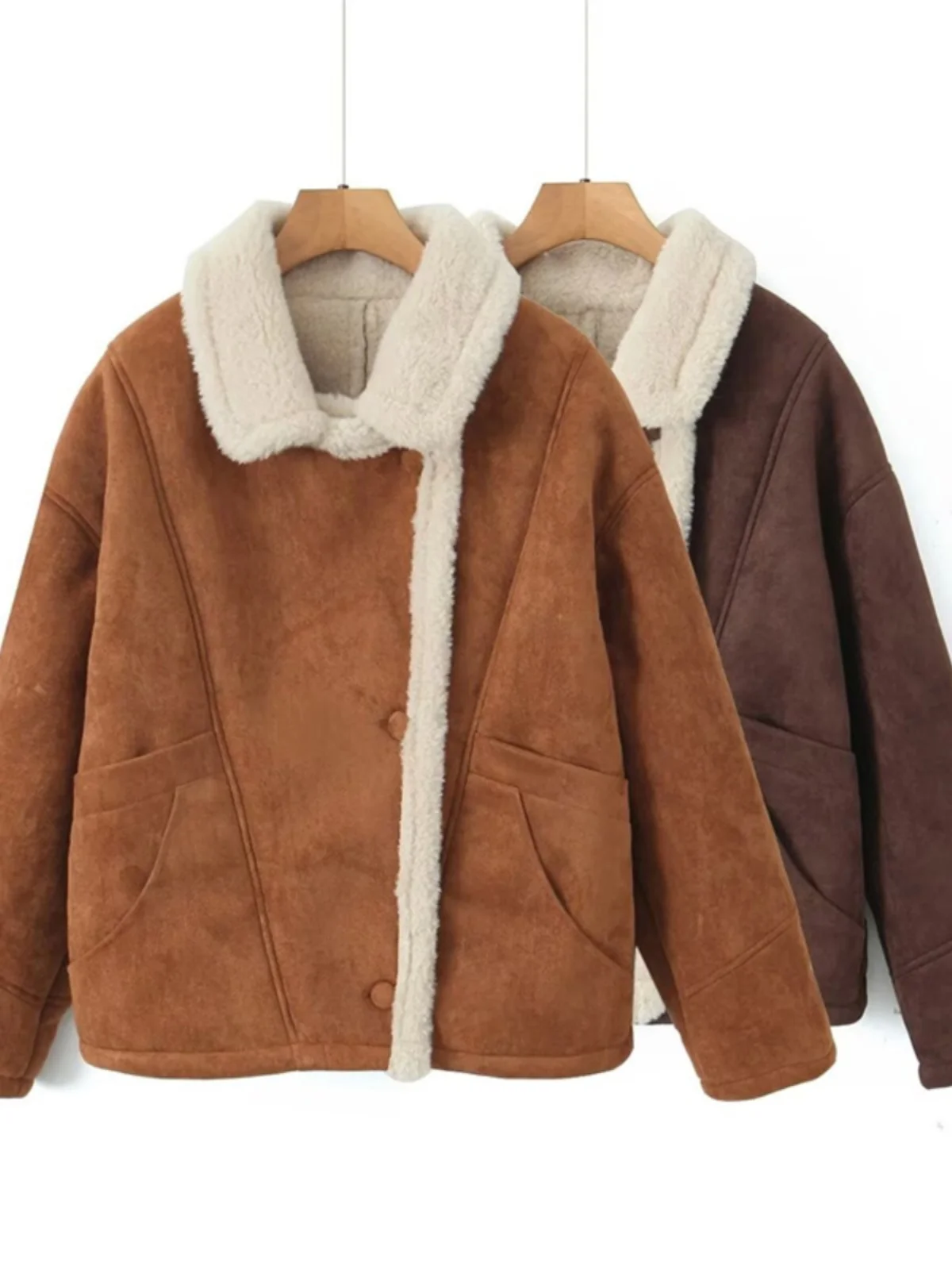 Thiened スエード バイカー ジャケット ラムファー襟 ヴィンテージ スタイル 冬用アウター ストリートファッション コート レディース プレミアム衣料