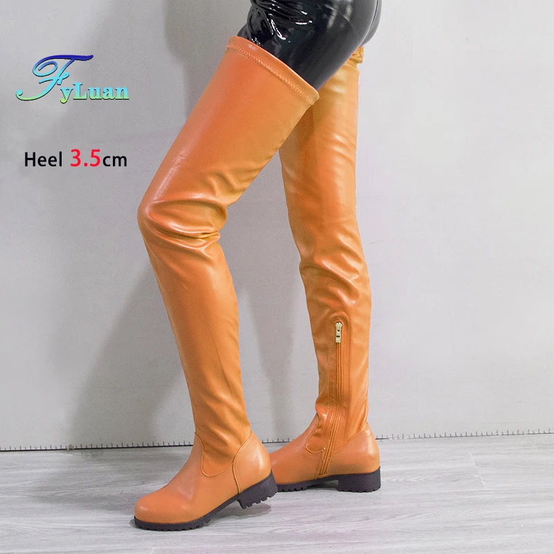 

Осень-зима 2022, женские ботинки на каблуке до бедра, повседневная длинная обувь с круглым носком на низком каблуке 3,5 см, женские сапоги выше колена из эластичной кожи