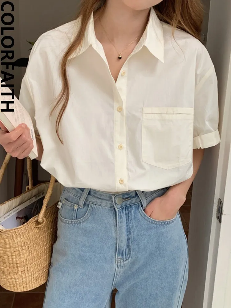 Colorfaith BL9936 New 2023 Chic Vintage Elegant Pockets Korean Fashionable Women Spring Summer Blouses Office Shirts Short Tops