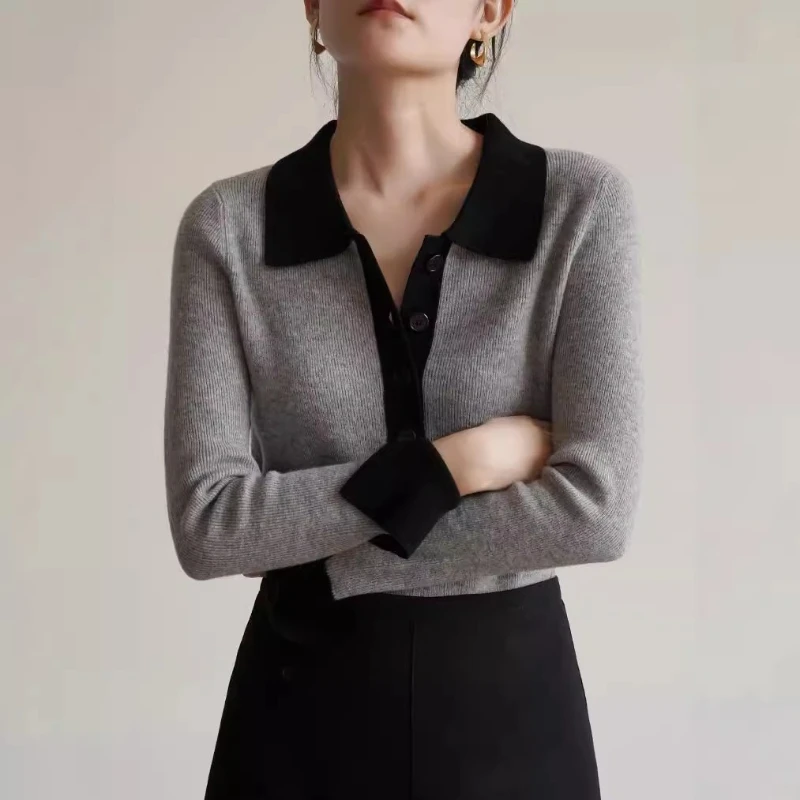 

Contrasting Color Gray Pullover Wool Knitted Sweater Women's Autumn and Winter Long-sleeved Bottoming Shirt Top Fashionable