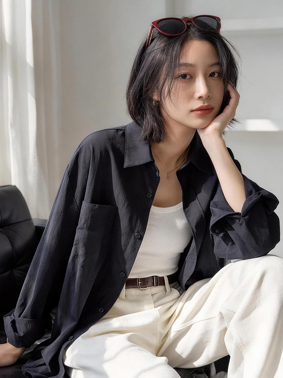 Black Loose Fit Silk Long Sleeve Shirt Women's Summer Ice Silk Lightweight Drapey Sun Protection Casual Style Button up Top