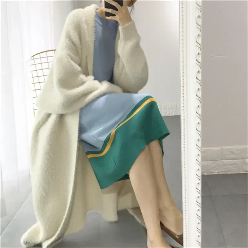 New Fall Winter Fashion Mink fleece Sweater Loose Casual Oversize Soft Cashmere Long Cardigan Jacket Chic Wool Warm Knitted Coat