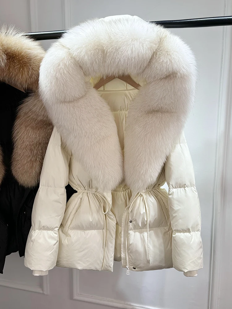 2026 New Winter Real Natural Fox Fur Collar Thick Wam Puffer Jacket Women Hooded Belt Slim White Duck Down Coat Waterproof Parka