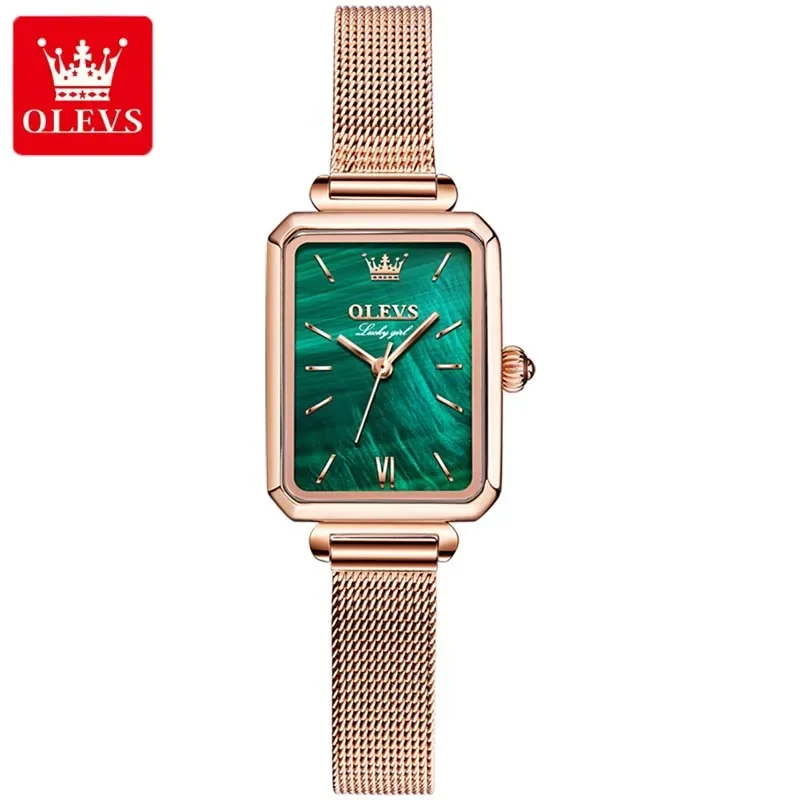 OLEVS marka kobiety zegarki Fashion Square Ladies bransoletka do zegarka kwarcowego zestaw zielona tarcza prosta siatka z rรณลผowego zลota luksusowe