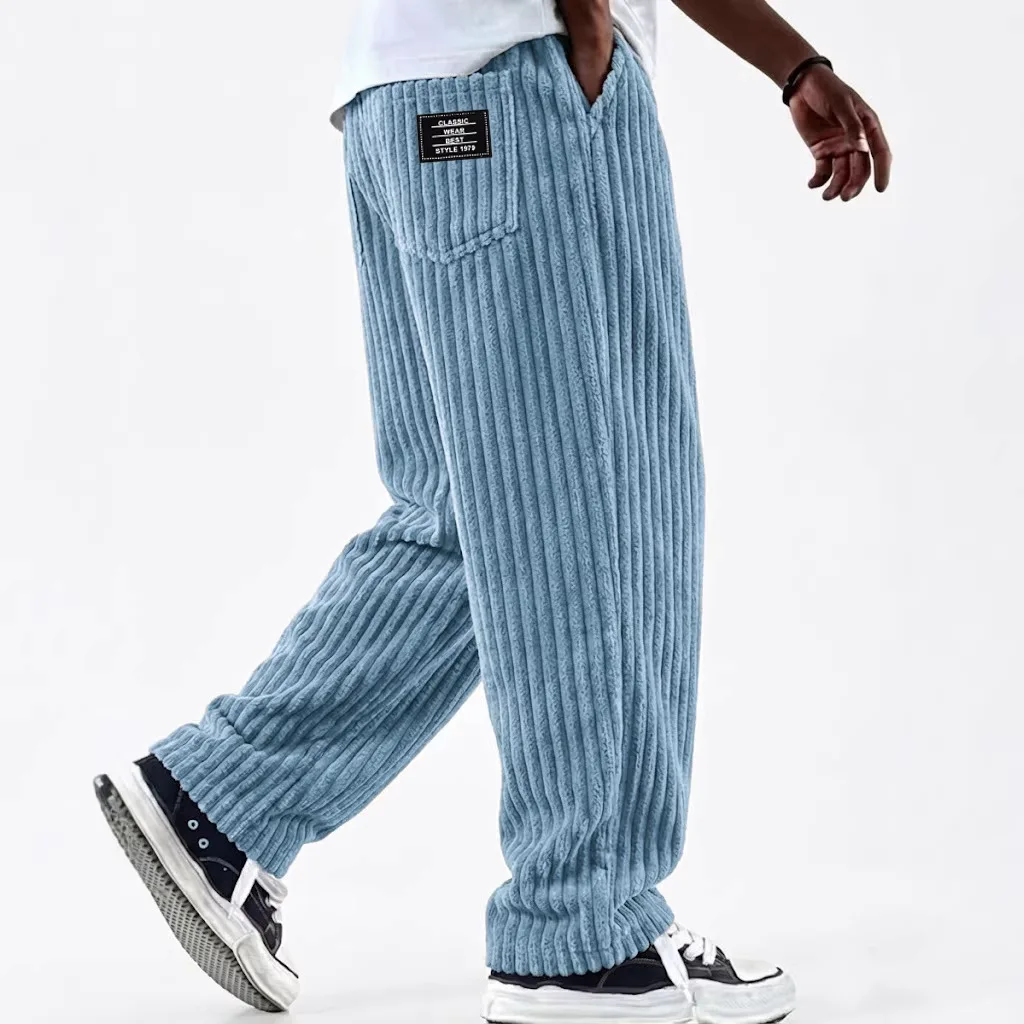 

Spring Autumn Men's Retro Corduroy Casual Pants Striped Solid Color Elastic Waist Loose Pants Man Straight Harakuju Trousers