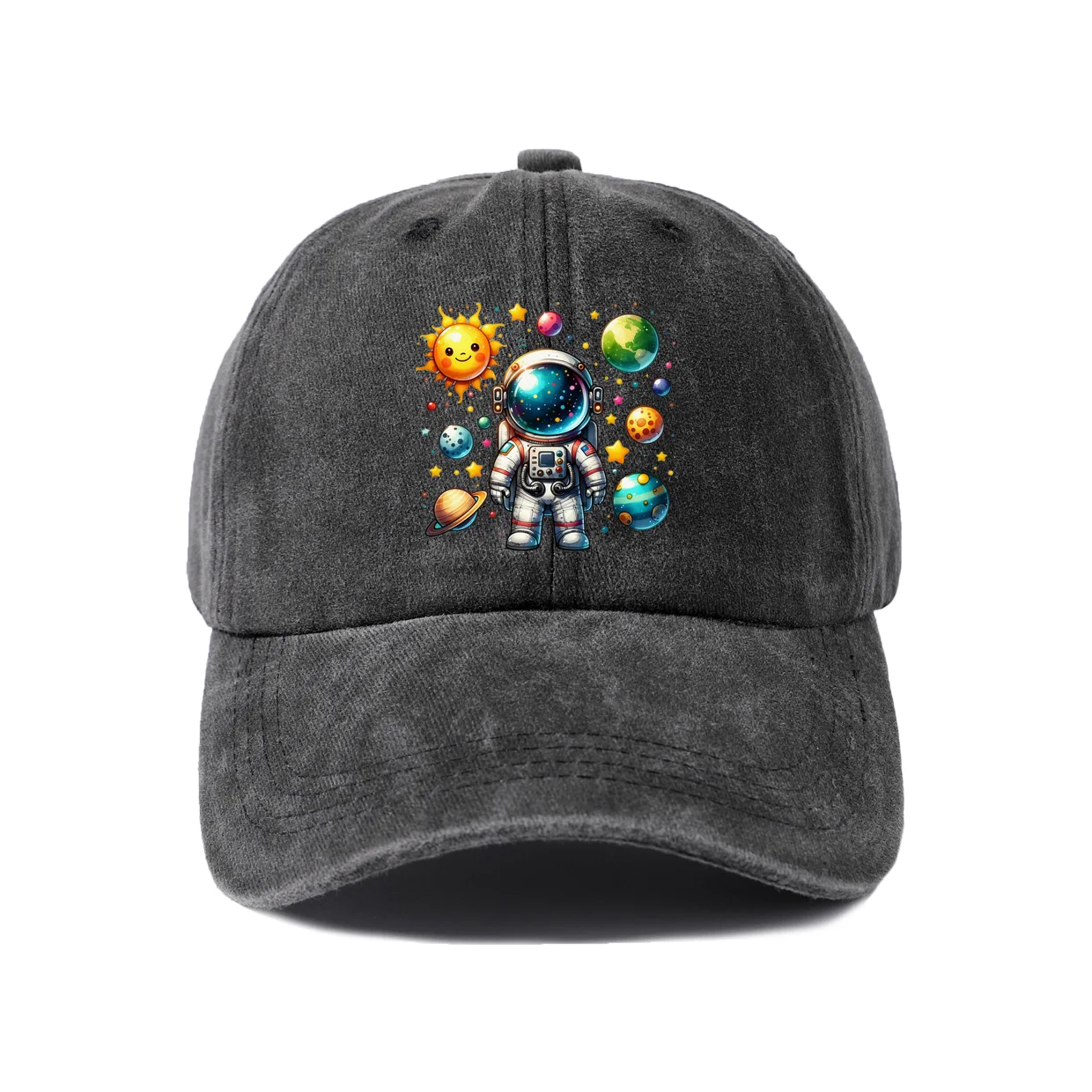 Vintage Washed Baseball Cap with Colorful Solar System Graphic, Adjustable Unisex Dad Hat, Streetwear Gift