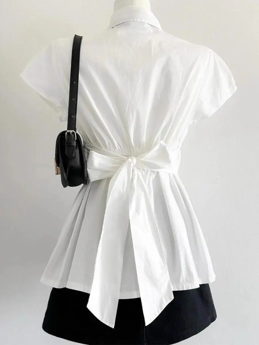 

Элегантная милая белая блузка, женская рубашка с бантом в консервативном стиле, кавайные рубашки с рюшами, винтажные повседневные рубашки с короткими рукавами, эстетика