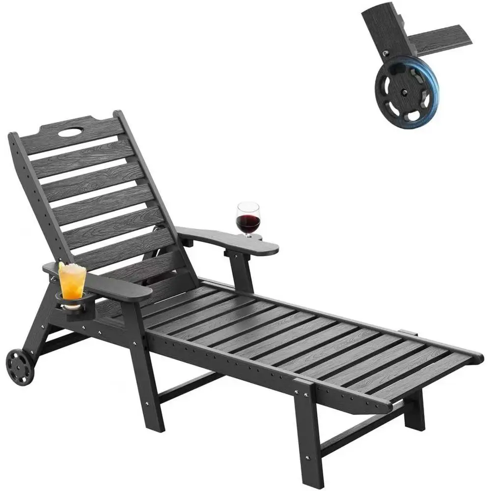 LounChair Outdoor, HDPE ChaiLounwith Wheels, 5-Position Adjustale ackrest & 2 Cup Holders Patio LounChair, All-Weather Pool Sun