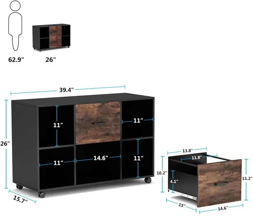 2 Drawer File Cabinet, Large Mobile Lateral Filing Cabinet for Letter Size,Printer Stand with Storage Shelves and Rolling Wheels