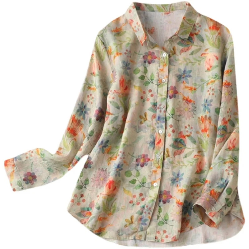 Floral Print Long Sve Women's irt Large Size Linen Cotton Blend Commute Sle  Collar Button up Regular Fit irt