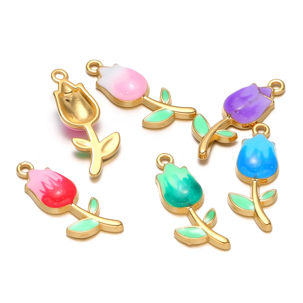 5Pcs Stainless Steel Enamel Rose Flower Charms for DIY Women Jewelry Findings Necklace Pendant Bracelet Supplies Earrings Making